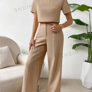 Solid Crop Blouse & Wide Leg Pants